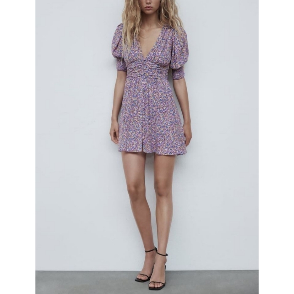 Zara Purple Blue Yellow Floral Puff Smocked Sleeve Sundress Mini, Deep Vneck, S - Picture 1 of 16